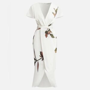 White Floral Midi Wrap Dress - Elegant V-Neck